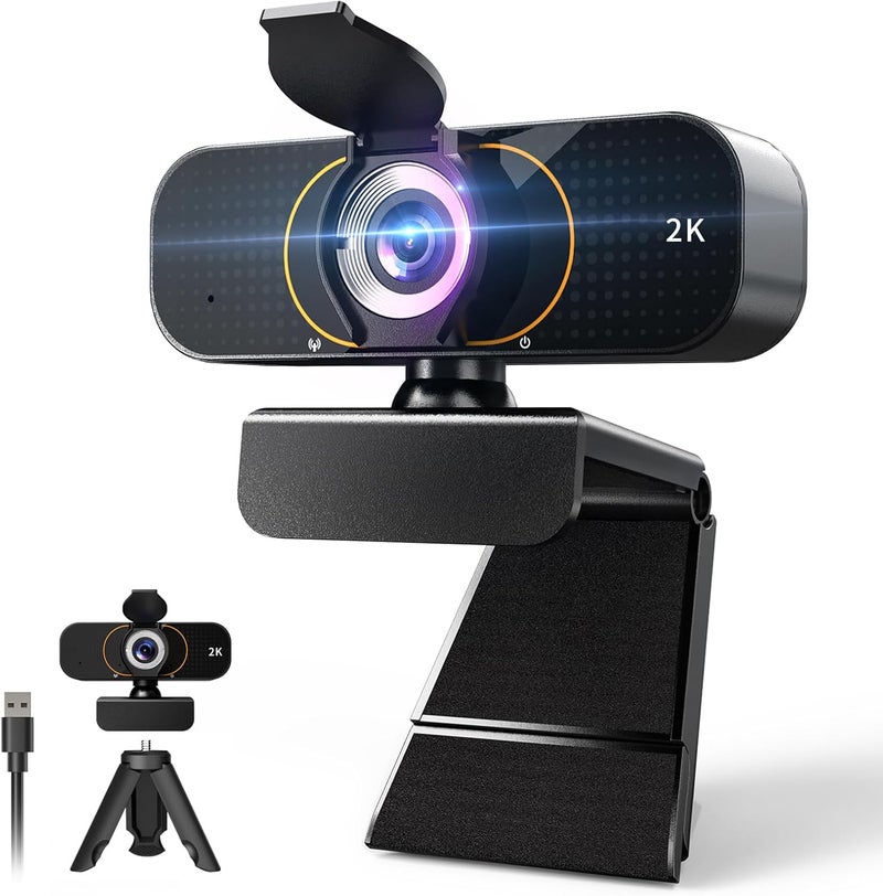 Lusinx 2K Webcam for Computer/Laptop/Desktop/PC, Camera with Microphone, USB Plug&Play, Auto Low Light Correction, Privacy Cover, Tripod, Wide Angle for Meeting/Online Video/Zoom - Image 1